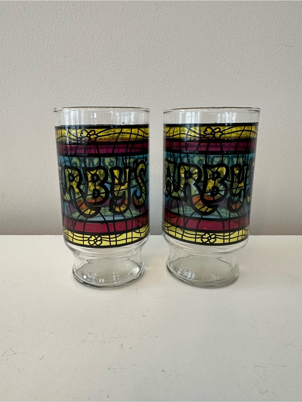 TWO~Vintage Arby's Stained Glass Look Collectable Drinking Glass 1970's
